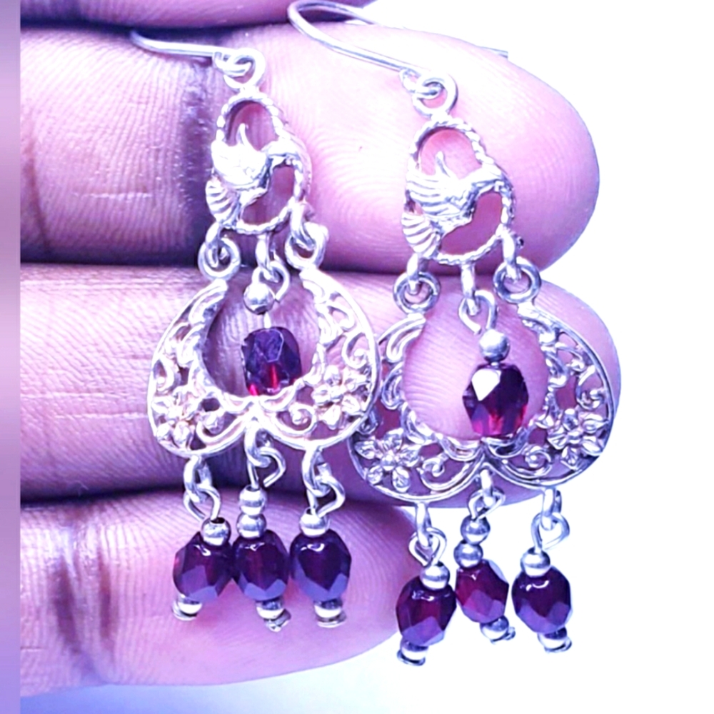 Floral With Faceted Garnet Bead Charms Dangle Sterling Silver Earrings